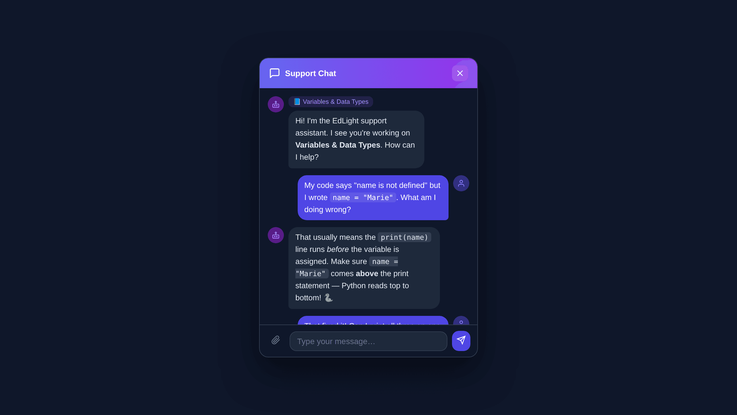 EdLight Code built-in AI tutor chat