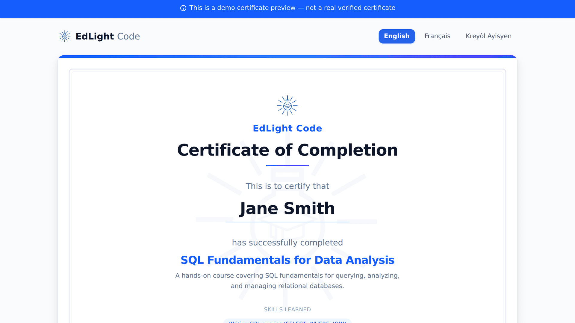 EdLight Code verifiable certificate