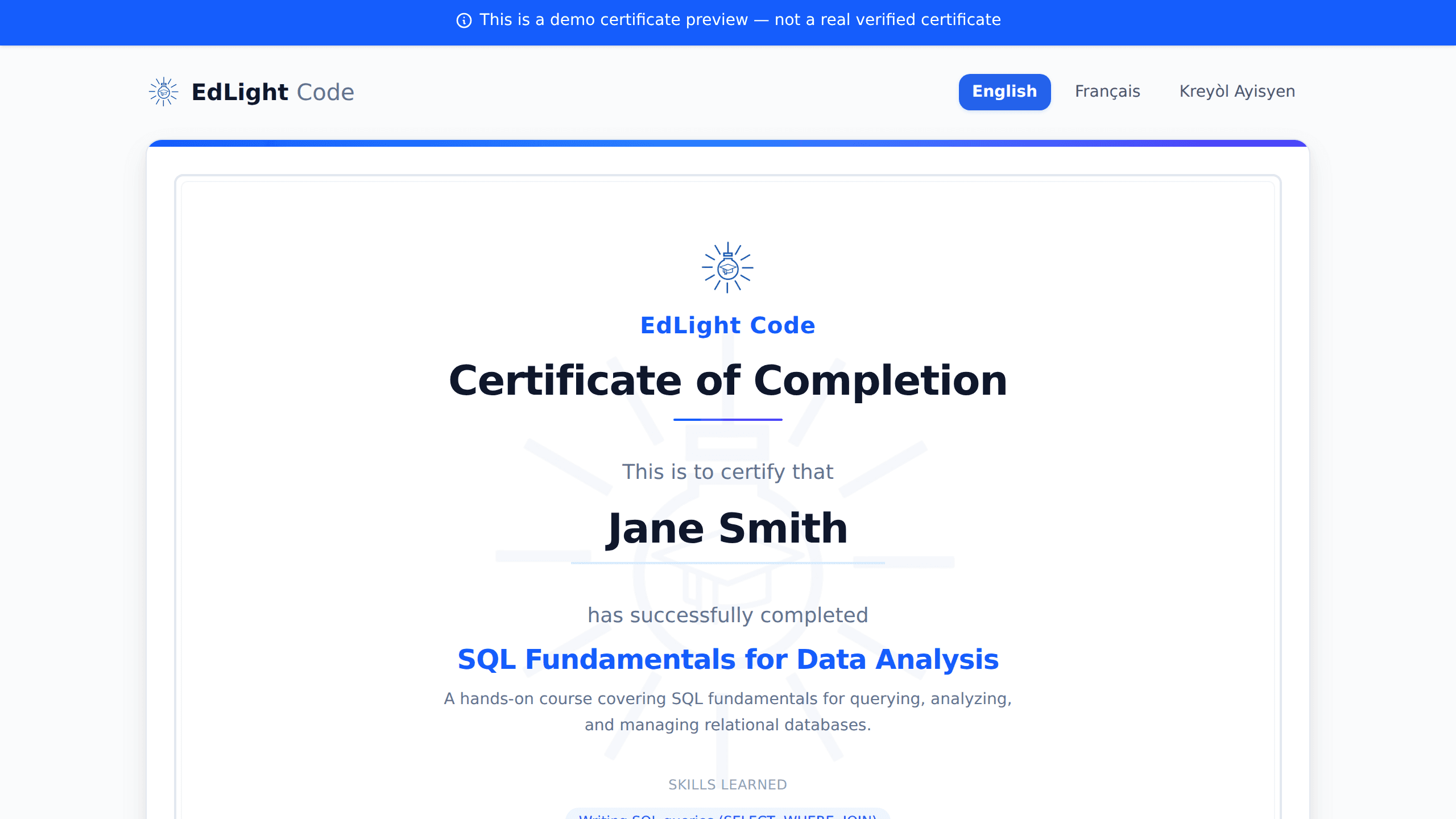 EdLight Code verified certificate