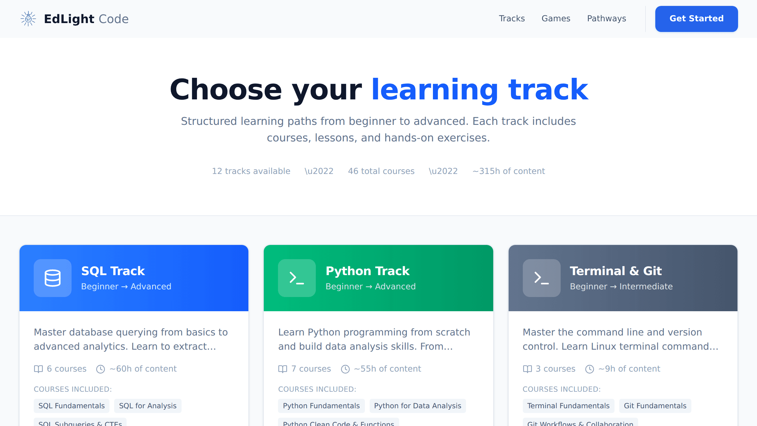 EdLight Code track discovery view